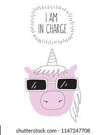 Vector postcard with line drawing hipster unicorn with cool slogan. Doodle illustration. Friendship day, Valentine's, anniversary, birthday, children's or teenager party