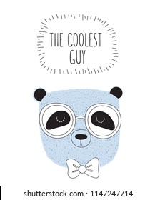 Vector postcard with line drawing hipster panda with cool slogan. Doodle illustration. Friendship day, Valentine's, anniversary, birthday, children's or teenager party