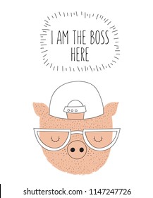 Vector postcard with line drawing hipster pig with cool slogan. Doodle illustration. Friendship day, Valentine's, anniversary, birthday, children's or teenager party