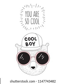 Vector postcard with line drawing hipster bear with cool slogan. Doodle illustration. 