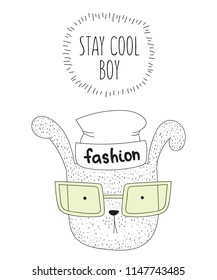 Vector postcard with line drawing hipster rabbit with cool slogan. Doodle illustration. 