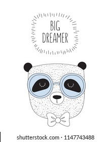 Vector postcard with line drawing hipster panda with cool slogan. Doodle illustration. 