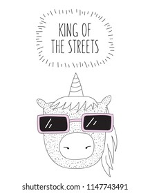 Vector postcard with line drawing hipster unicorn with cool slogan. Doodle illustration. 