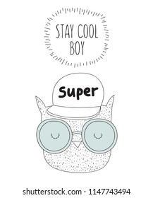 Vector postcard with line drawing hipster owl with cool slogan. Doodle illustration. 