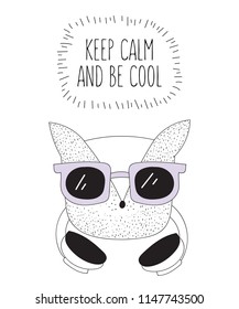 Vector postcard with line drawing hipster fox with cool slogan. Doodle illustration. 