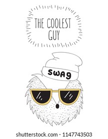 Vector postcard with line drawing hipster hedgehog with cool slogan. Doodle illustration. 