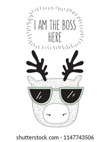 Vector postcard with line drawing hipster deer with cool slogan. Doodle illustration. 