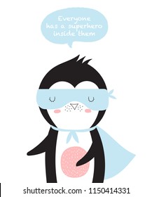 Vector postcard with line drawing superhero penguin with cool slogan. Doodle illustration. Friendship day, Valentine's, anniversary, birthday, children's or teenager party
