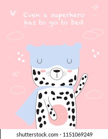 Vector postcard with line drawing superhero leopard with cool slogan. Doodle illustration. Friendship day, Valentine's, anniversary, birthday, children's or teenager party