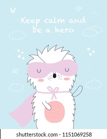 Vector postcard with line drawing superhero hedgehog with cool slogan. Doodle illustration. Friendship day, Valentine's, anniversary, birthday, children's or teenager party