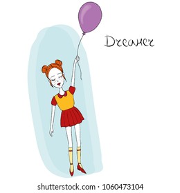 
Vector postcard with a little thin girl who flew holding a balloon in her hand, with an inscription dreamer, freehand illustration