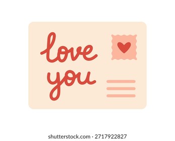 Vector postcard with love you text and heart stamp. Cute romantic message for Valentines Day, greeting, declaration of love, holiday card, or anniversary communication in flat style.