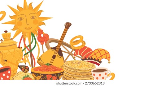 Postal de Vector con símbolos de Maslenitsa. Ilustración vectorial en estilo de dibujos animados. Símbolo eslavo del sol. Samovar, panqueques con caviar y crema agria, panecillos para el té. Rueda de madera con cintas.