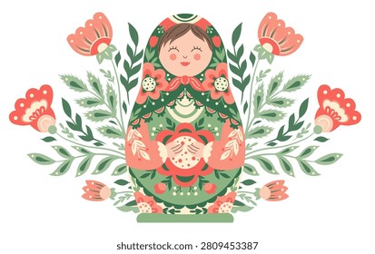 Vector postcard with a matryoshka in folk art style and a floral ornament. A decorative Slavic souvenir. Matryoshka doll with flowers for banners and greeting cards.