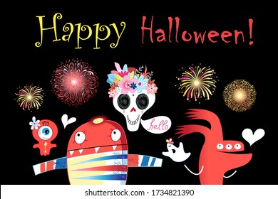 Vector postcard with monsters and a skull for Halloween on a dark background