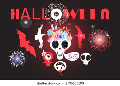 Vector postcard with monsters and a skull for Halloween on a dark background