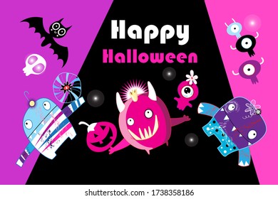 Vector postcard with monsters and a skull for Halloween on a dark background