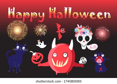 Vector postcard with monsters and a skull for Halloween on a dark background