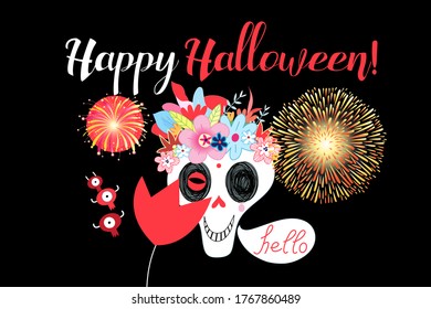 Vector postcard with monsters and a skull for Halloween on a dark background