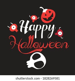 Vector postcard with monsters and a skull for Halloween on a dark background