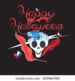 Vector postcard with monsters and a skull for Halloween on a dark background