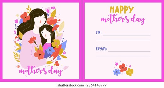 vector postcard for mother's day with mother and daughter child in a single frame decorated with flowers and a place to write congratulations. Ready-made postcard for autumn mother's day 