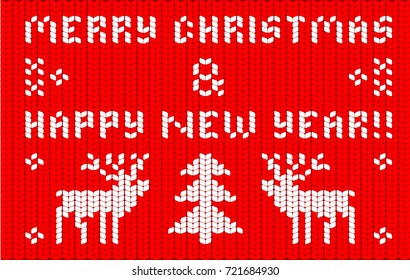 Vector postcard for the New Year and Christmas on a red background in the form of a knitting pattern, with a picture of a deer, a Christmas tree and an inscription Happy New Year and Christmas.