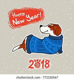 Vector postcard for New Year and Christmas with dogs in colorful sweaters in winter. Winter greeting design.