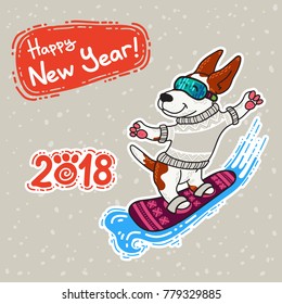Vector postcard for New Year and Christmas with dogs in colorful sweaters in winter. Winter greeting design. Winter sport.