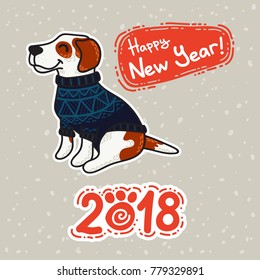 Vector postcard for New Year and Christmas with dogs in colorful sweaters in winter. Winter greeting design.