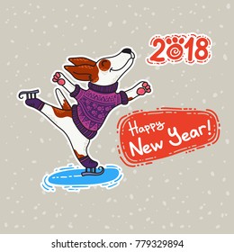 Vector postcard for New Year and Christmas with dogs in colorful sweaters in winter. Winter greeting design. Winter sport.