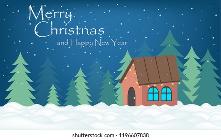 Vector postcard at night with a house and shone with lights on the snow in the forest with Christmas trees and snowflakes for the holiday in the winter for the new year