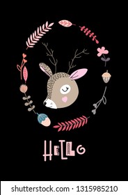 Vector postcard with nursery animal face with motivation phrases. Friendship day, easter, birthday, children's or teenager party