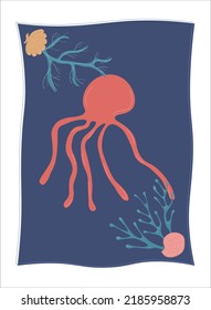 Vector postcard with an octopus. Cute sea world illustration.