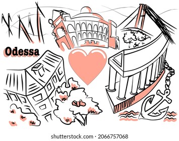 Vektorpostkarte aus Odessa mit Liebe. Die wichtigsten Ausstellungsorte in der Ukraine