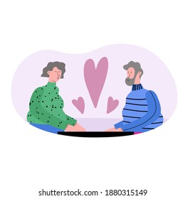 vector postcard - old people in love. Grandma and grandpa - valentine's card for valentine's day. Old parents in frame. Flat style pastel scale. 
Senior husbands and wife characters