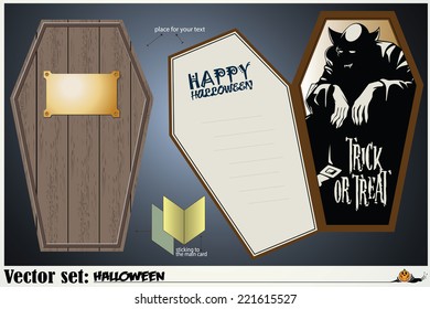 Vector postcard on Halloween with a vampire in a coffin 