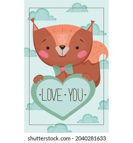 Vector postcard on the theme of Valentine's Day. Cartoon squirrel with a heart in his hands against a background of clouds. Hand-drawn illustration for printing postcards and posters.