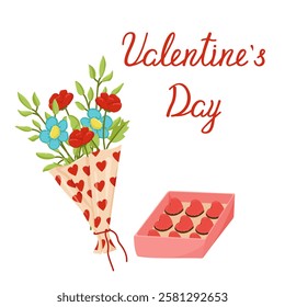 Vector postcard on Valentine's day. Color image of a bouquet of flowers with a box of chocolates and an inscription. Declaration of love. Festive elements isolated on a white background