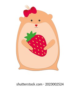 vector postcard on a white background hamster hamster cute kawaii with a huge ripe strawberry in his paws