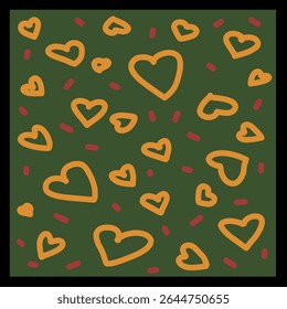 Vector postcard orange hearts. On a green background and the frame is black. You can use it on postcards, posters, and a daily planner.