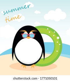 Vector postcard. Penguin with a lifebuoy on a background of the sea
