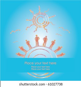 Vector postcard postcard with the people on earth under the sun