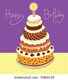 vector postcard with a picture of a large cake on a plate / Happy Birthday