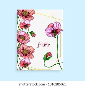 Vector postcard with pink poppy flowers. Flower arrangement with pink poppy flowers.