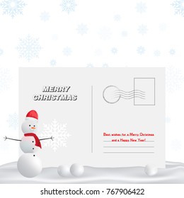 Vector Postcard. Postal card for new year and a Merry Christmas. Greeting card with a snowman. Flat vector illustration EPS10