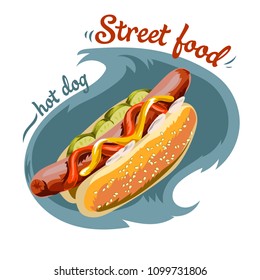 Vector postcard poster or banner for the national hot dog day featuring a hot dog