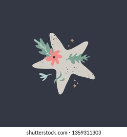 Vector postcard or poster with star fish on dark background. Summer holidays theme, nursery print. Good for party decor. Vintage style