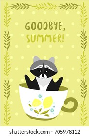 Vector postcard with a raccoon in the cup