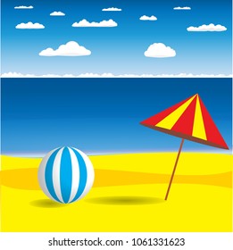 Vector postcard of the red beach umbrella and a white with blue beach ball at the sandy sea shore with the sea and clouds on the background